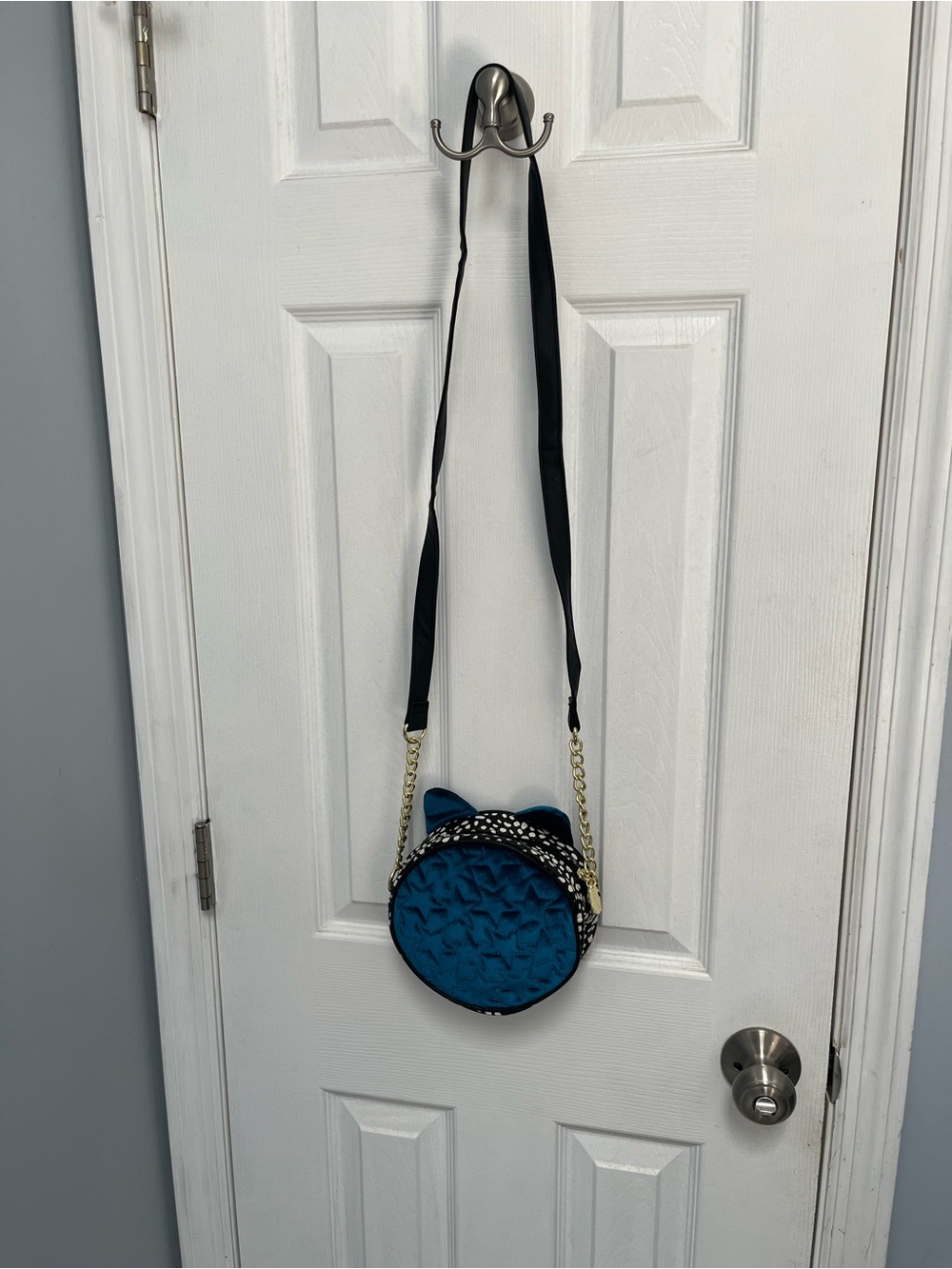 Betsey Johnson Blue Quilted Leopard Cat Face Round Crossbody Bag Purse